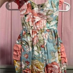 Girls Floral Ruffle Pocket Dress in Coral & Aqua